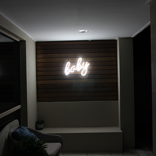 Baby Neon Sign Hire in White Outside